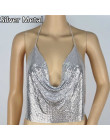 Sexy kryształ Mesh Top kobiet Rhinestone metalowe Crop Top lato złoto srebro świecący drapowana łańcuch Backless klub kamizelka