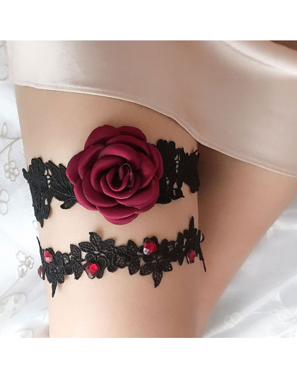2 sztuk zestaw podwiązki ślubne czerwona róża koronki haft kwiatowy Sexy podwiązki dla kobiet/suknia ślubna dla panny młodej nog
