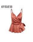 Affogatoo V neck satin cami crop top kobiety regulowany pasek lato koszula popy i bluzki Peplum skrzydła bez rękawów jedwabiu se