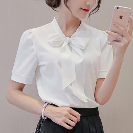 Elegancka bluzka damska z krótkiem rękawem klasyczna z wiązanym dekoltem biała beżowa gładka kokardka