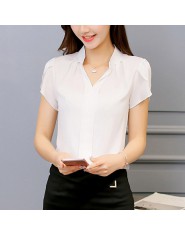 Kobiety koszula/bluzka szyfonowa Femininas topy z krótkim rękawem eleganckie panie formalne biuro bluzka Plus rozmiar 3XL szyfon