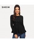 SHEIN czarny perły zroszony stałe Peplum Top elegancki okrągły dekolt z długim rękawem Flared bluzki kobiety jesień zwykły minim