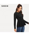 SHEIN czarny perły zroszony stałe Peplum Top elegancki okrągły dekolt z długim rękawem Flared bluzki kobiety jesień zwykły minim