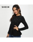 SHEIN czarny perły zroszony stałe Peplum Top elegancki okrągły dekolt z długim rękawem Flared bluzki kobiety jesień zwykły minim