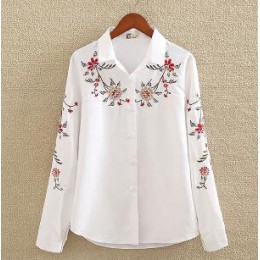 Klasyczna bawełniana koszula biała z długim rękawem z kołnierzykiem na guziki luźna z haftem w kolorowe kwiaty