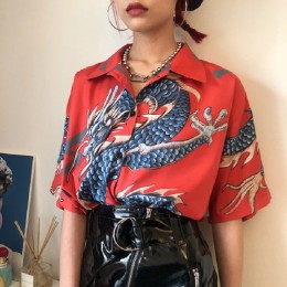 2018 lato kobiet topy Harajuku bluzka kobiety smok drukuj z krótkim rękawem bluzki koszule damskie kobiet Streetwear kz022