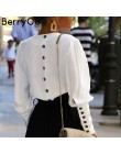 BerryGo Puff rękaw kobiety bluzka guzik do koszuli biały v neck topy wiosna 2019 elegancka pani urząd streetwear blusas koszule 