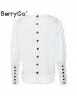 BerryGo Puff rękaw kobiety bluzka guzik do koszuli biały v neck topy wiosna 2019 elegancka pani urząd streetwear blusas koszule 