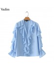 Vadim kobiety słodkie potargane szyfonowa bluzka V neck z długim rękawem słodkie kobiet dorywczo mody niebieska koszula stylowe 
