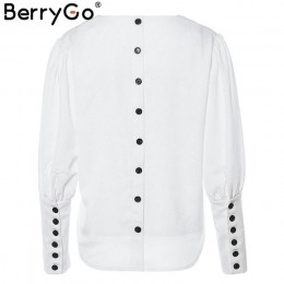 BerryGo Puff rękaw kobiety bluzka guzik do koszuli biały v neck topy wiosna 2019 elegancka pani urząd streetwear blusas koszule 