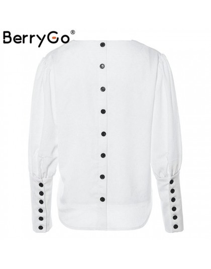 BerryGo Puff rękaw kobiety bluzka guzik do koszuli biały v neck topy wiosna 2019 elegancka pani urząd streetwear blusas koszule 