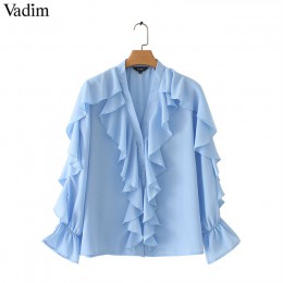 Vadim kobiety słodkie potargane szyfonowa bluzka V neck z długim rękawem słodkie kobiet dorywczo mody niebieska koszula stylowe 