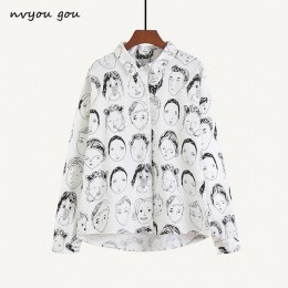 Nvyou gou moda postaci bluza z nadrukiem kobiety Graffiti bluzki Streetwear skręcić w dół kołnierz z długim rękawem bawełna luźn