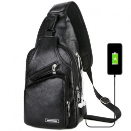 Wypoczynek skórzane USB Charge torba męska na ramię na zamek błyskawiczny torba typu chestpack otwór na słuchawki funkcjonalne p