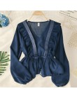 Neploe sznurkiem Sash Ruffles kobiety bluzka z dekoltem w serek koronki Patchwork w stylu Vintage Blusa 2019 wiosna lato solidna