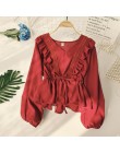 Neploe sznurkiem Sash Ruffles kobiety bluzka z dekoltem w serek koronki Patchwork w stylu Vintage Blusa 2019 wiosna lato solidna