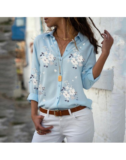 Klasyczna koszula damska w geometryczne wzory w kwiaty jednokolorowa w paski na guziki z długim rękawem