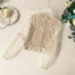 Nowe panie przyjazdu siatki koronki hak kwiat latarnia rękaw luźny Retro krótki bluza wkładana przez głowę koszule damskie moda 