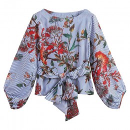ISHOWTIENDA kwiatowy Print bluzka moda koszule kobiety "s topy popędzający mieszane paski z długim rękawem bluzka z długim rękaw