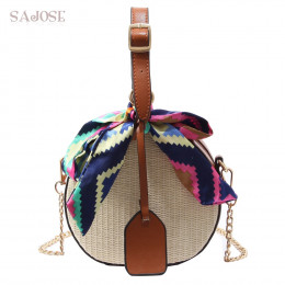 Kobiet słomy torba na ramię torby Crossbody dla dziewczyn moda szaliki okrągłe siodło torba Rattan tkane torby listonoszki Lady 