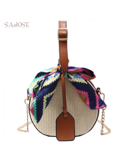 Kobiet słomy torba na ramię torby Crossbody dla dziewczyn moda szaliki okrągłe siodło torba Rattan tkane torby listonoszki Lady 