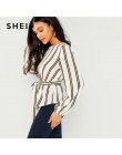 SHEIN białe biuro Lady eleganckie paski druk łopatka szyi z długim rękawem bluzka 2018 nowy jesień odzież robocza kobiet popy i 