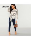 SHEIN białe biuro Lady eleganckie paski druk łopatka szyi z długim rękawem bluzka 2018 nowy jesień odzież robocza kobiet popy i 