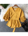 Neploe stałe szczupła talia Puff rękaw kobiety bluzka dekolt w stylu Vintage Blusa elegancka kobieta Top 2019 nowa moda Chic kos