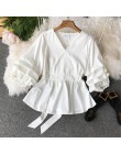 Neploe stałe szczupła talia Puff rękaw kobiety bluzka dekolt w stylu Vintage Blusa elegancka kobieta Top 2019 nowa moda Chic kos