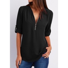 Lato koszula kobiety szyfonowa bluzka Casual z długim rękawem Top Sexy Zipper głębokie V Neck kobiety bluzki koszule Blusa Mujer