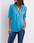 Lato koszula kobiety szyfonowa bluzka Casual z długim rękawem Top Sexy Zipper głębokie V Neck kobiety bluzki koszule Blusa Mujer