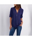 Lato koszula kobiety szyfonowa bluzka Casual z długim rękawem Top Sexy Zipper głębokie V Neck kobiety bluzki koszule Blusa Mujer