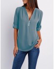 Lato koszula kobiety szyfonowa bluzka Casual z długim rękawem Top Sexy Zipper głębokie V Neck kobiety bluzki koszule Blusa Mujer