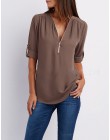 Lato koszula kobiety szyfonowa bluzka Casual z długim rękawem Top Sexy Zipper głębokie V Neck kobiety bluzki koszule Blusa Mujer