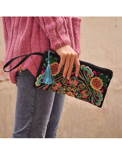 Torba kobieca torebki lato bawełniane sprzęgło haftowana torebka telefon monety Tassel mały kwiatowy kobiet Bolsa portfel na co 