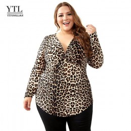 YTL kobiet duży rozmiar wiosna jesień szary Leopard głębokie V Neck z długim rękawem Slim tunika duży rozmiar bluzki kobiety 5XL