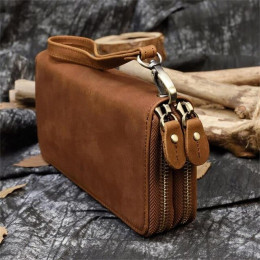 Szeroki portfel damski skórzany ze skóry Vintage kopertówka podwójny zamek elegancki modny