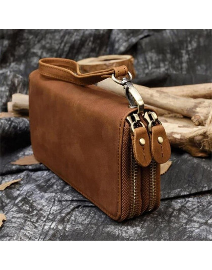 Szeroki portfel damski skórzany ze skóry Vintage kopertówka podwójny zamek elegancki modny