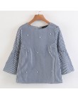 Kobiety eleganckie perły frezowanie koszula w paski flare rękawem O neck bluzka damska lato marka casual topy blusas