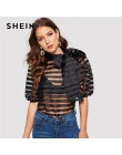 SHEIN czarny krawat szyi Puff rękawem w paski Sheer Top bez stanika Mesh bluzka kobiety wiosna Sexy HighStreet kobiet popy i blu