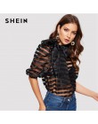 SHEIN czarny krawat szyi Puff rękawem w paski Sheer Top bez stanika Mesh bluzka kobiety wiosna Sexy HighStreet kobiet popy i blu