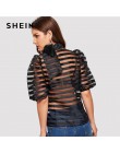 SHEIN czarny krawat szyi Puff rękawem w paski Sheer Top bez stanika Mesh bluzka kobiety wiosna Sexy HighStreet kobiet popy i blu