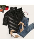 SHEIN czarny krawat szyi Puff rękawem w paski Sheer Top bez stanika Mesh bluzka kobiety wiosna Sexy HighStreet kobiet popy i blu