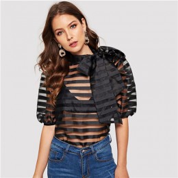 SHEIN czarny krawat szyi Puff rękawem w paski Sheer Top bez stanika Mesh bluzka kobiety wiosna Sexy HighStreet kobiet popy i blu