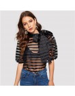 SHEIN czarny krawat szyi Puff rękawem w paski Sheer Top bez stanika Mesh bluzka kobiety wiosna Sexy HighStreet kobiet popy i blu