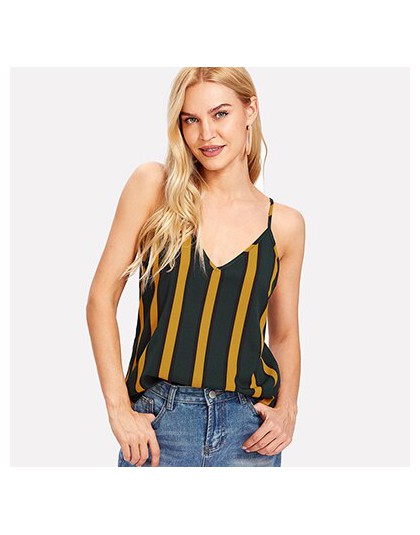 SHEIN podwójne V Neck paski Cami Top Spaghetti pasek na co dzień kobiety Sexy paski góry 2018 lato Multicolor Backless Camisole 