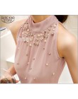 2019 nowy kobiety szyfonowa bluzka z koralikami koreański moda damska bluzka bez rękawów z golfem szyfonowa bluzka koszula kobie