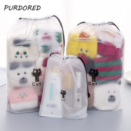 PURDORED 1 pc Cute Cat przezroczysta kosmetyczka podróży makijaż torba ze sznurkiem dla kobiet makijaż organizator pokrowiec Dro