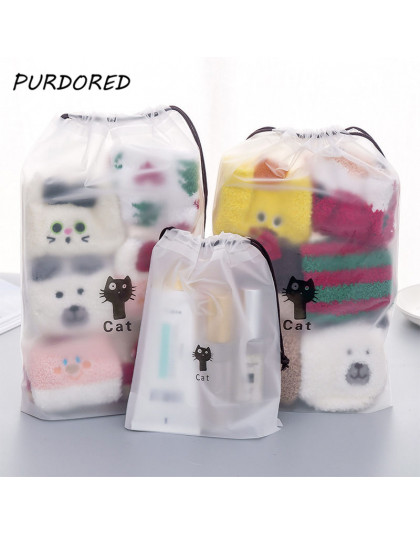 PURDORED 1 pc Cute Cat przezroczysta kosmetyczka podróży makijaż torba ze sznurkiem dla kobiet makijaż organizator pokrowiec Dro