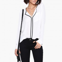 Moda damska na co dzień biały V Neck z długim rękawem czarny Side szyfonowa bluzka odzież robocza koszula kobiet topy